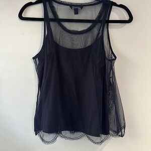 American Eagle Beaded Tank Top Black Mesh Sleeveless Party Top XS‎